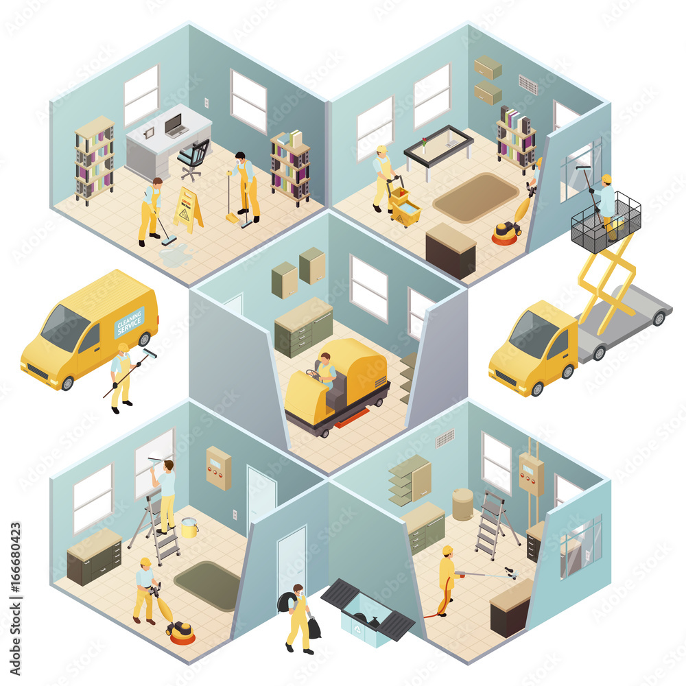 Isometric Industrial Cleaning Colored Composition