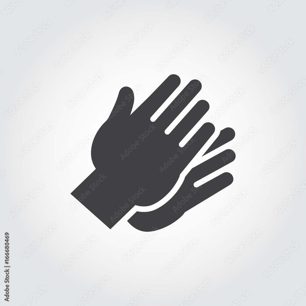 Two hands clapping in flat style. Graphic black icon - symbol of applause, praise, greeting. Gesturing human wrist logo on a gray background. Vector illustration