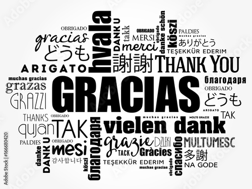 Gracias (Thank You in Spanish) Word Cloud background, all languages, multilingual for education or thanksgiving day