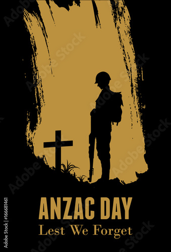 Silhouette of soldier paying tribute at a grave on Anzac day, vector