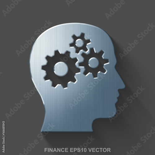Flat metallic business 3D icon. Polished Steel Head With Gears on Gray background. EPS 10, vector.