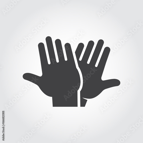 High five icon. Black flat pictograph of two clapping hands - greeting, welcoming, celebrating symbol of successful interaction people. Vector web sign or button. Illustration on gray background