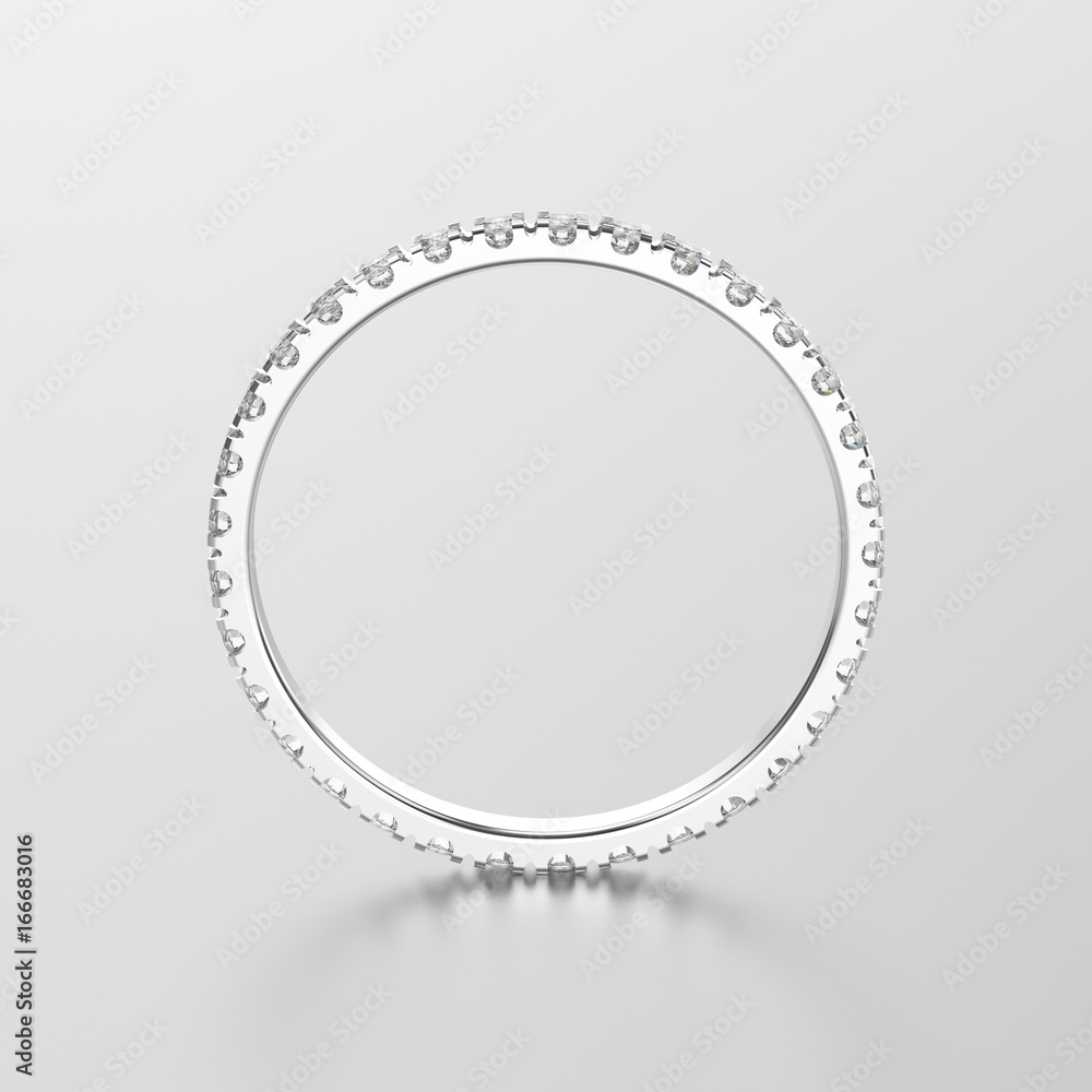 3D illustration white gold or silver classic eternity band ring with diamond with reflection