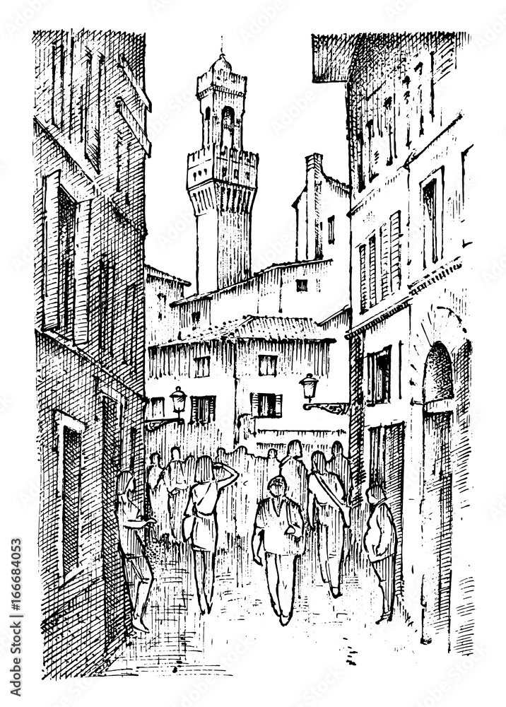 Scene Streets in European town Florence in Italy . engraved hand drawn in old sketch and vintage style. historical architecture with buildings, perspective view. Travel postcard. Palazzo Vecchio.