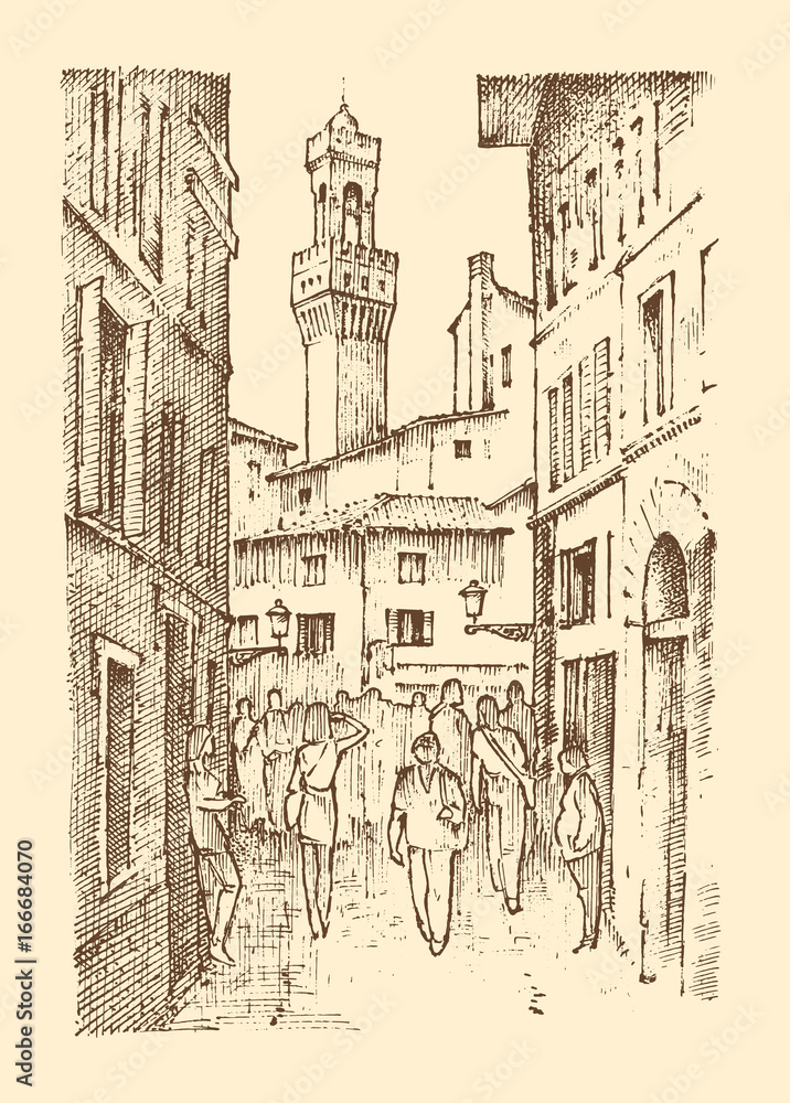 landscape in European town Florence in Italy. engraved hand drawn in old sketch and vintage style. historical architecture with buildings, perspective view. Travel postcard. Palazzo Vecchio.