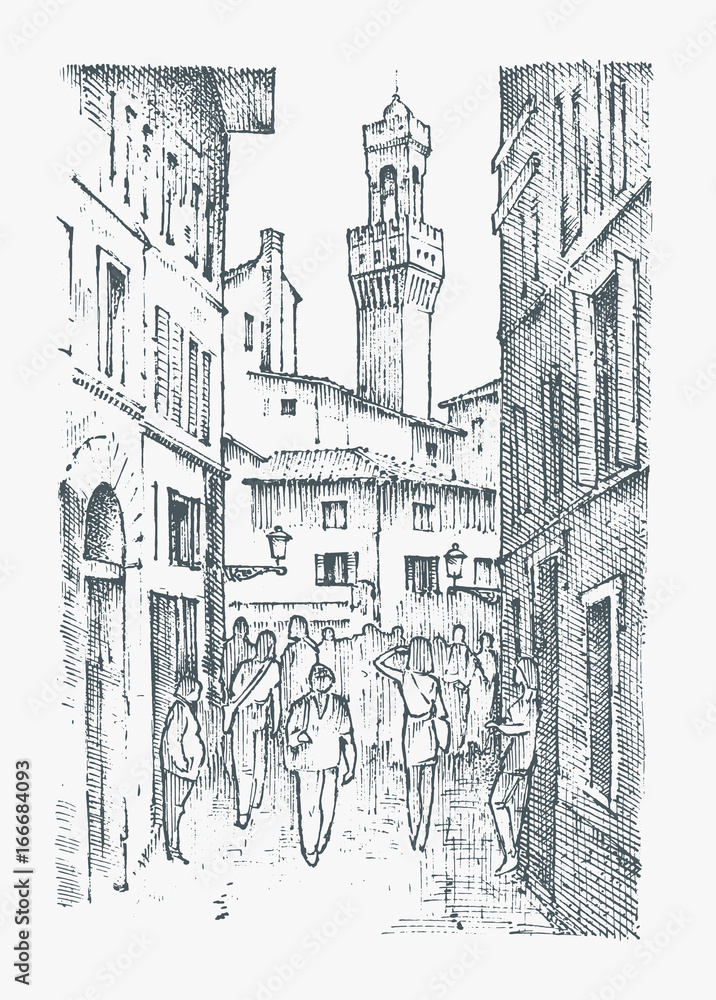 Scene Streets in European town Florence in Italy . engraved hand drawn in old sketch and vintage style. historical architecture with buildings, perspective view. Travel postcard. Palazzo Vecchio.