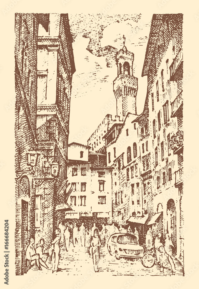 Fototapeta premium Scene Streets in European town Florence in Italy . engraved hand drawn in old sketch and vintage style. historical architecture with buildings, perspective view. Travel postcard. Palazzo Vecchio.