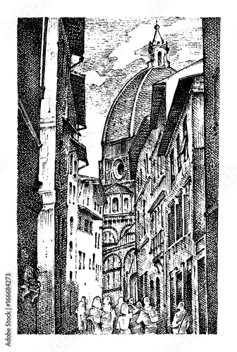 landscape in European town Florence in Italy . engraved hand drawn in old sketch and vintage style. historical architecture with buildings, perspective view. Travel postcard. Santa Maria del Fiore.