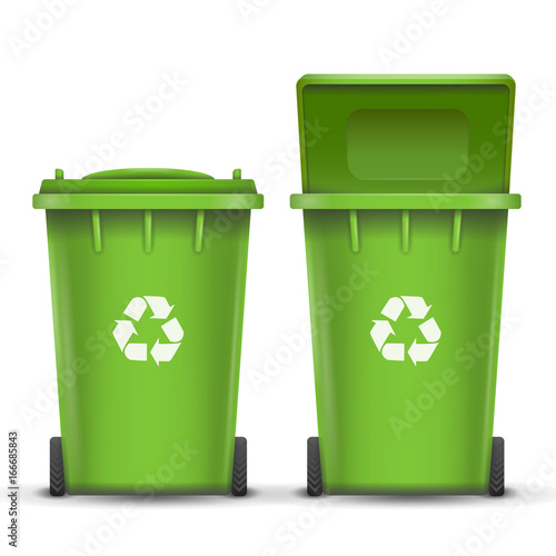 Green Recycling Bin Bucket Vector For Glass Trash. Opened And Closed. Front View. Sign Arrow. Isolated Illustration