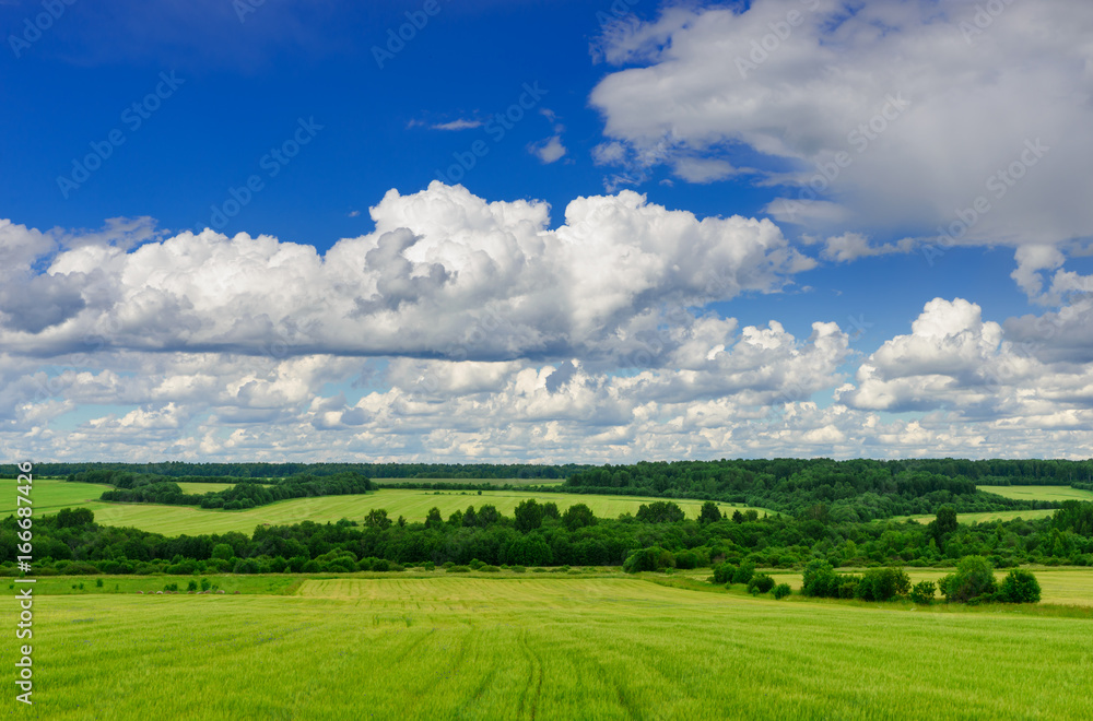 Blue sky with clouds over a green field. Blue sky with clouds over a green field.