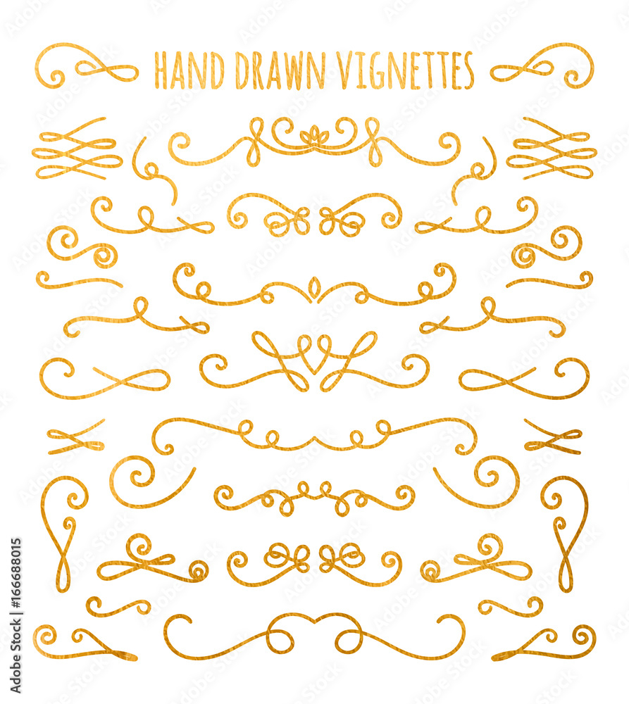 Set of gold textured hand drawn vignettes