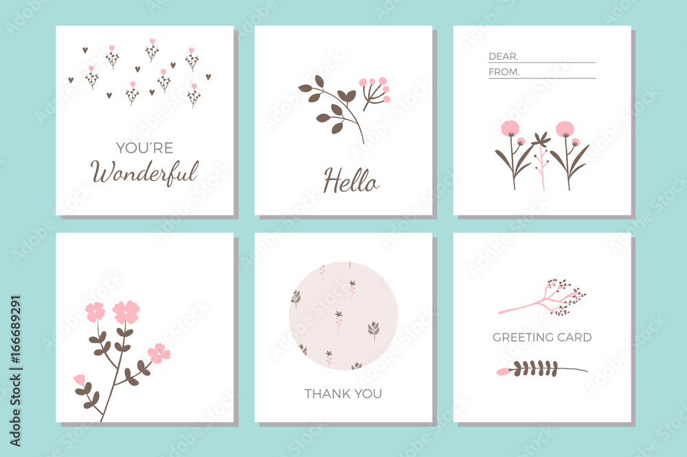 Vector Scandinavian Herbs and Flowers Cards, Simple Hand Drawn Greeting Cards, Wedding Anniversary Cards, Creative Floral Backgrounds