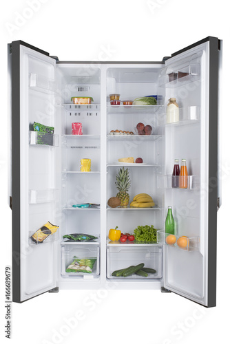 Open fridge full of fresh fruits and vegetables