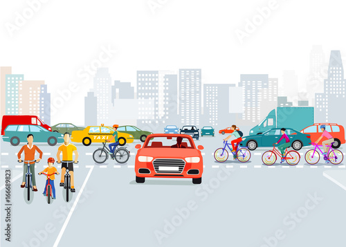 Autos und Radfahrer in der Stadt, Illustration