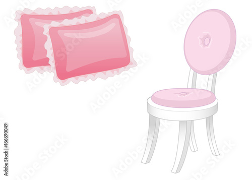 Chair and two pillows. Elegant furniture in tender pink colors isolated on white background. Vector illustration.