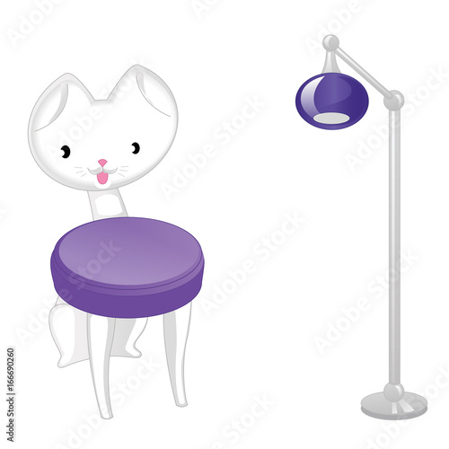 Original designer cat-chair and lamp. Elegant furniture in rich purple color isolated on white background. Vector illustration.