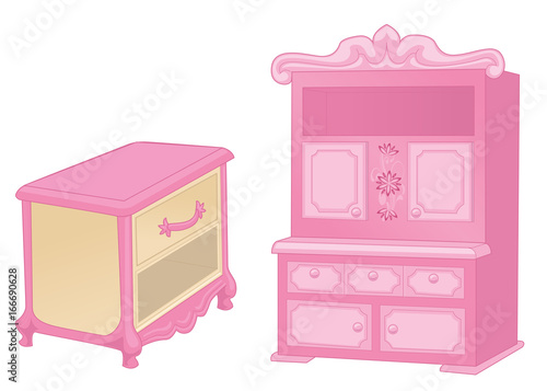 Curbstone and cupboard. Elegant furniture in rich pink colors isolated on white background. Vector illustration.