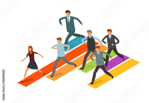 Education concept. Group of business people or students running to the goal. Infographics vector illustration
