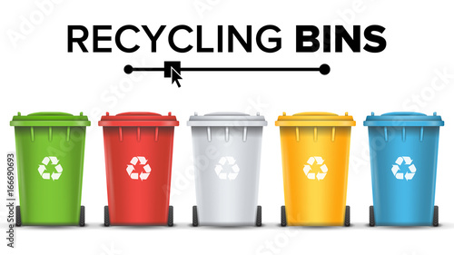 Recycling Bins Isolated Vector. Set Of Red, Green, Blue, Yellow, White Buckets. For Paper, Glass, Metal, Plastic Recycling Waste Sorting. Isolated