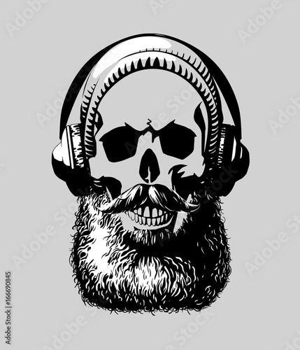 Hipster skull with mustache and beard, in headphones. Vector illustration. Perfect for t-shirt print and tattoo.