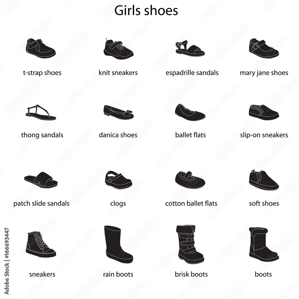 Girls shoes, set, collection of fashion footwear with names. Baby ...