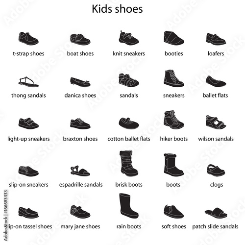 Kids shoes, set, collection of fashion footwear with names. Baby, girl, boy, child, childhood. Vector design isolated illustration. White outlines, black silhouettes, white background.