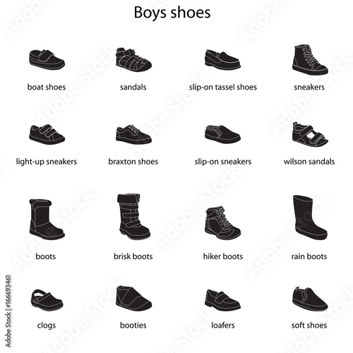 Boys shoes, set, collection of fashion footwear with names. Baby, kid, child, childhood. Vector design isolated illustration. White outlines, black silhouettes, white background.