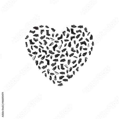 Kids shoes, set, collection of fashion footwear, poster in shape of heart. Baby, girl, boy, child, childhood. Vector design isolated illustration. White outlines, black silhouettes, white background.