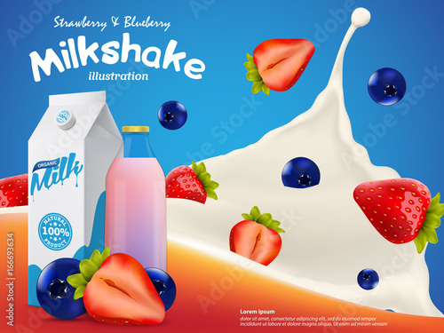 Strawberry and blueberry Milkshake illustration with milk splash and berries vector template