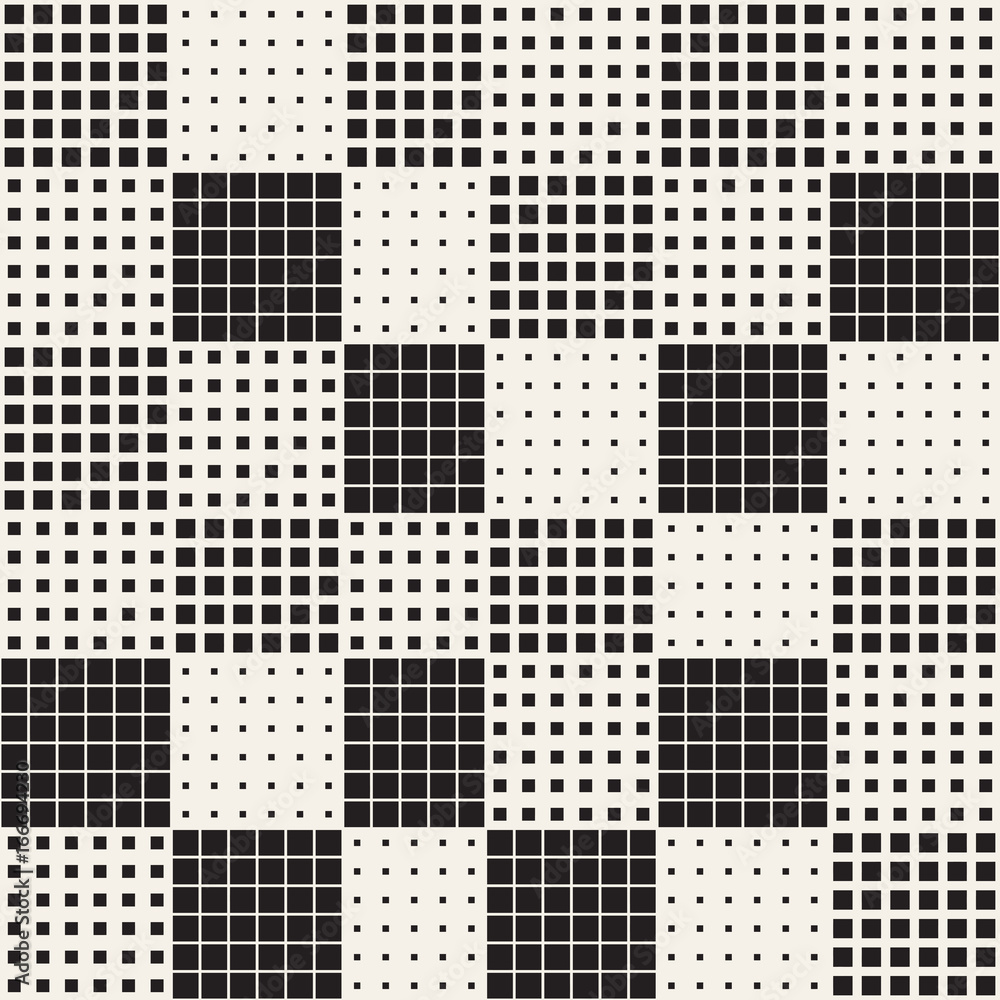Fototapeta premium Modern Halftone Texture. Endless Abstract Background With Random Size Squares. Vector Seamless Chaotic Squares Mosaic Pattern.