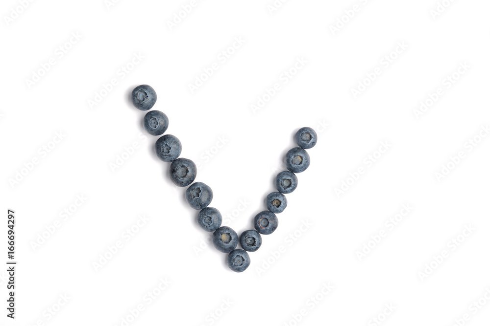 Summer blueberry for checkbox, top view. Yes tick sign symbol mark made of Ripe bilberry or blueberry over isolated white background