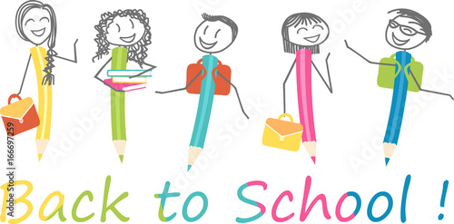 Des enfants en formes de stylos avec leur cartable d'école, sont prêt pour la rentrée scolaire
