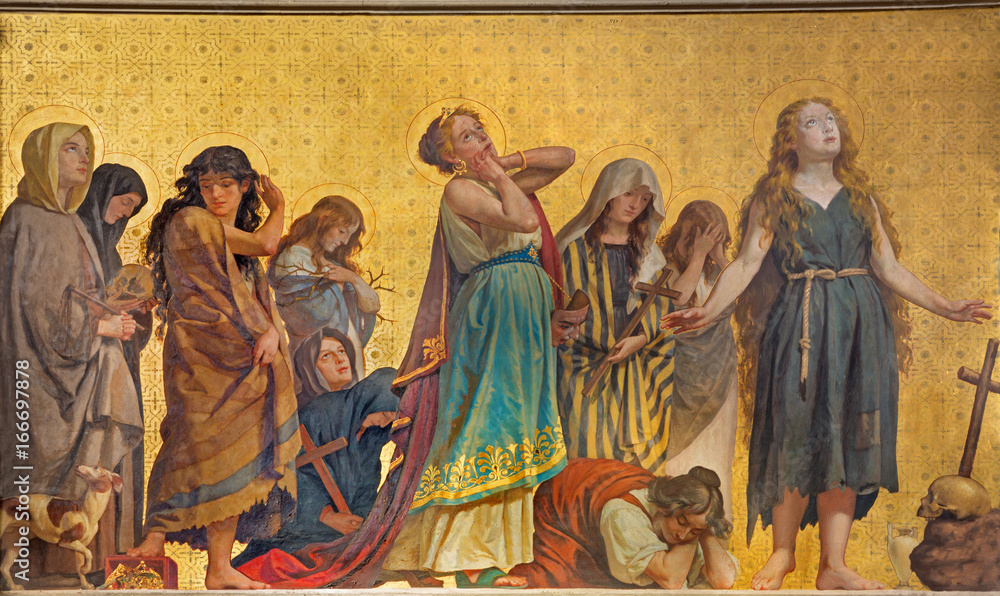 TURIN, ITALY - MARCH 15, 2017: The symbolic fresco of holy women confessants in church Chiesa di San Dalmazzo by Enrico Reffo (1831-1917).