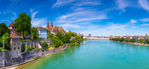 The Old Town of Basel with red stone Munster cathedral and the Rhine river, Switzerland. photo
