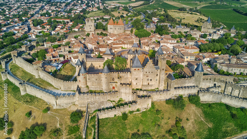 Aerial top view of Carcassonne medieval city and fortress castle from above, Sourthern France
 photo