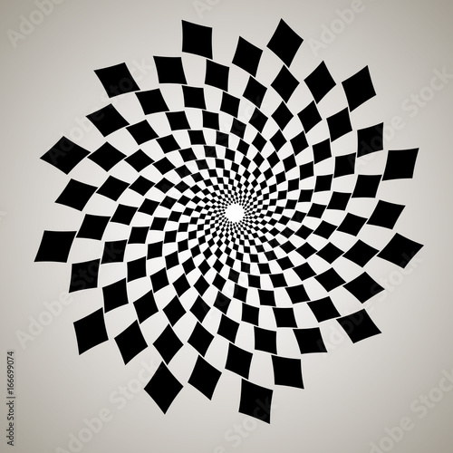 Swirl, vortex background. Rotating spiral. Pattern of a whirling of hearts. Icon, diamond, square, rectangle, black, white photo