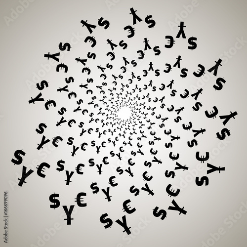 Swirl, vortex background. Rotating spiral. Pattern of a whirling of hearts. Icon, symbol, currency, dollar, euro, pound, money, business, finance