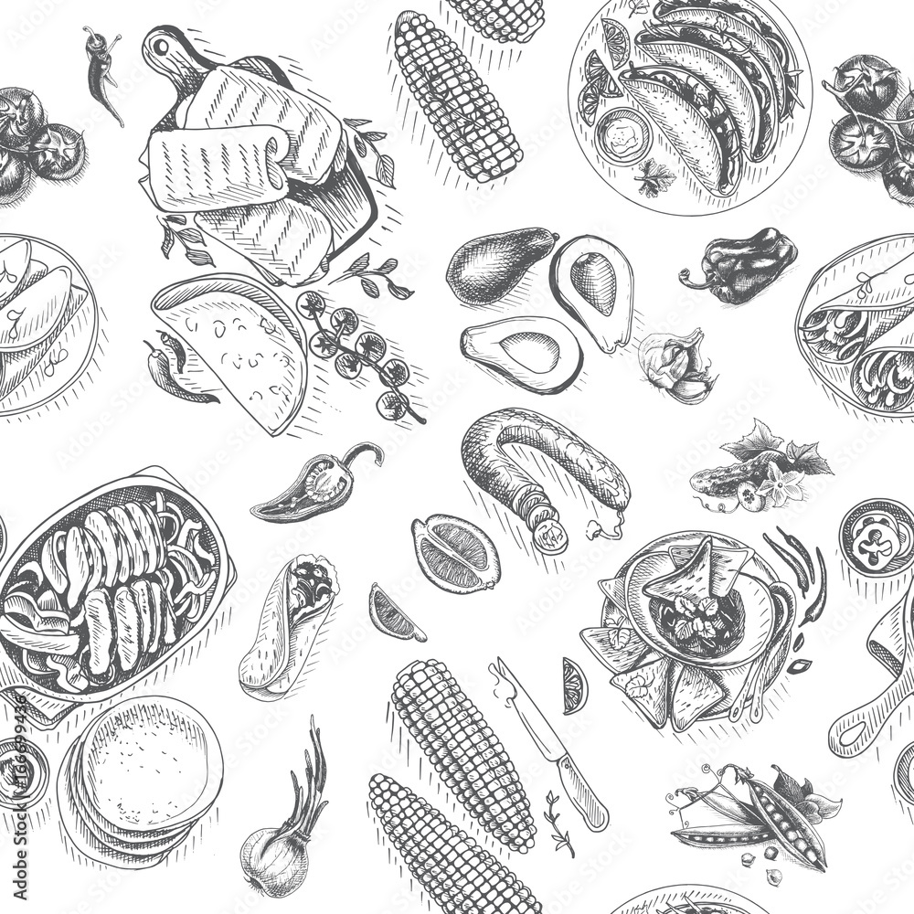 Vector illustration sketch - Mexican food. Card Menu mexican cuisine. vintage design template, banner. pattern.