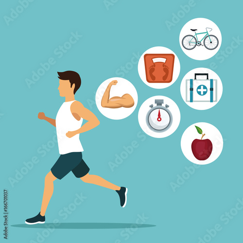 color background with closeup sport man ruinning with icons circular frame healthy lifestiyle photo