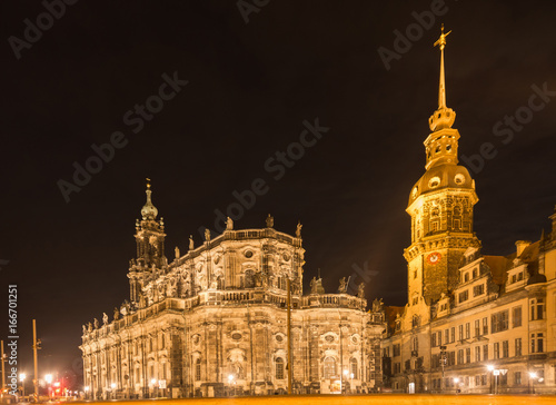 Catholic cathedral white the castle beside it in Dresden by night, Hofkirche, Germany