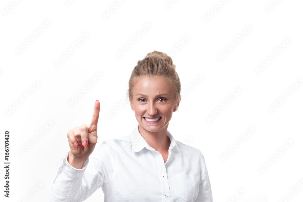 Business woman pushing on visual button Business woman pushing on visual button