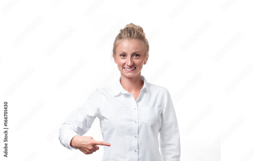 Business woman pointing something finger at copy space Business woman pointing something finger at copy space