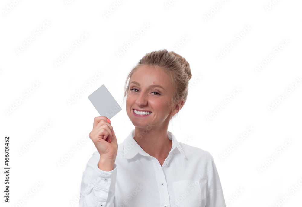 Young woman holding blank business card with copy space Young woman holding blank business card with copy space