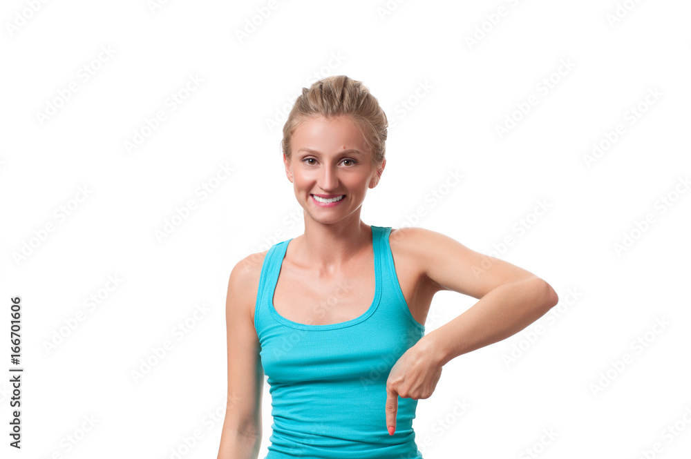 Woman is pointing at a subscription button down below Woman is pointing at a subscription button down below