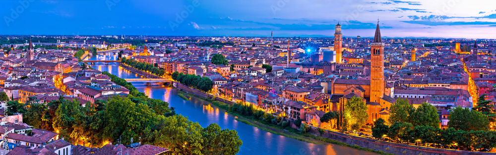 Verona old city and Adige river panoramic aerial view at evening