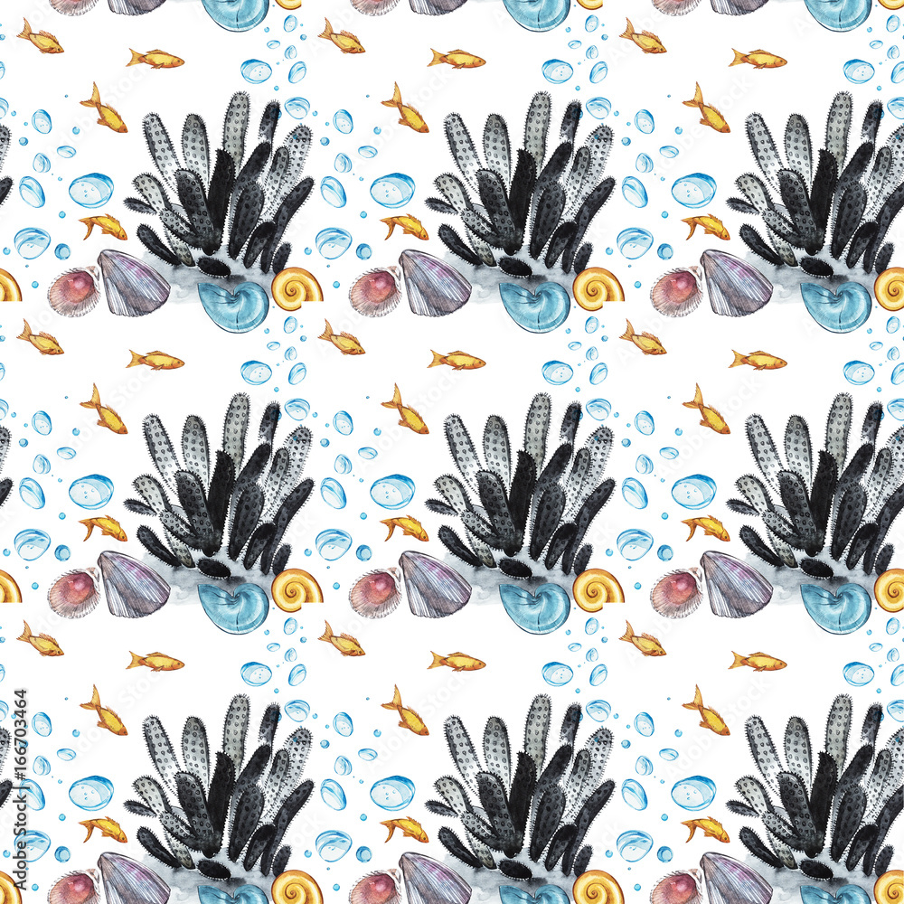Hand drawn watercolor seamless corals pattern. Isolated on white background.