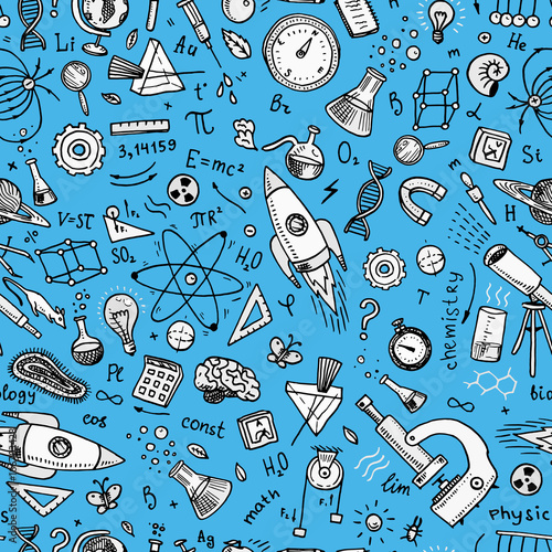 engraved hand drawn in old sketch and vintage style. scientific formulas and calculations in physics and mathematics or astronomy on whiteboard. Education and Science. Seamless pattern.