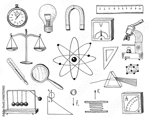 compass and magnet, alpelmet with thermometer and microscope. engraved hand drawn in old sketch and vintage symbols Calculation in physics Back to School Element of Science and laboratory experiments.