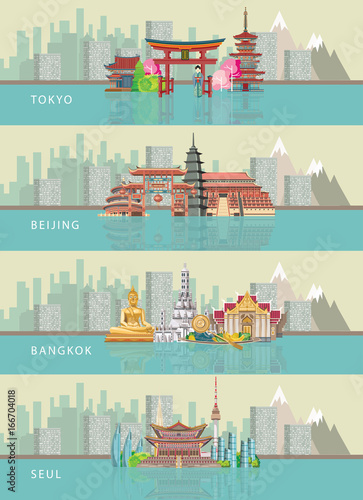 Set of vector cards with landmarks of Tokyo, Beijing, Seoul and Bangkok. Travel concept.