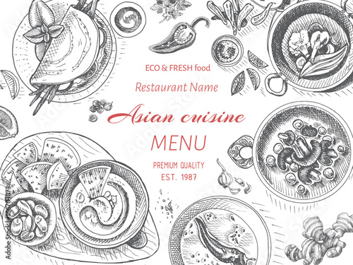 Vector illustration sketch - oriental food. Card menu asian vintage design template, banner.